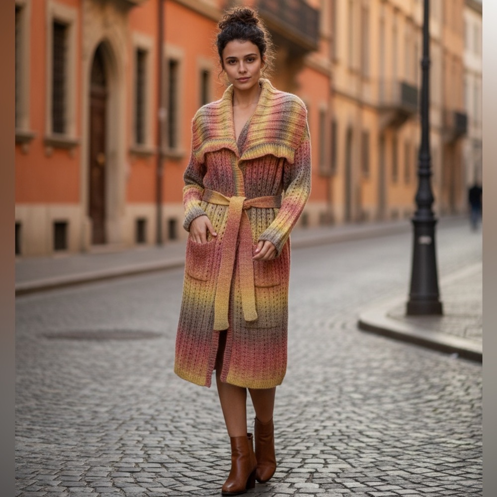 New Ombre Jacket Sweater Tie Cardigan Coat Orange Gray Top Tunic O/S Wool Boho